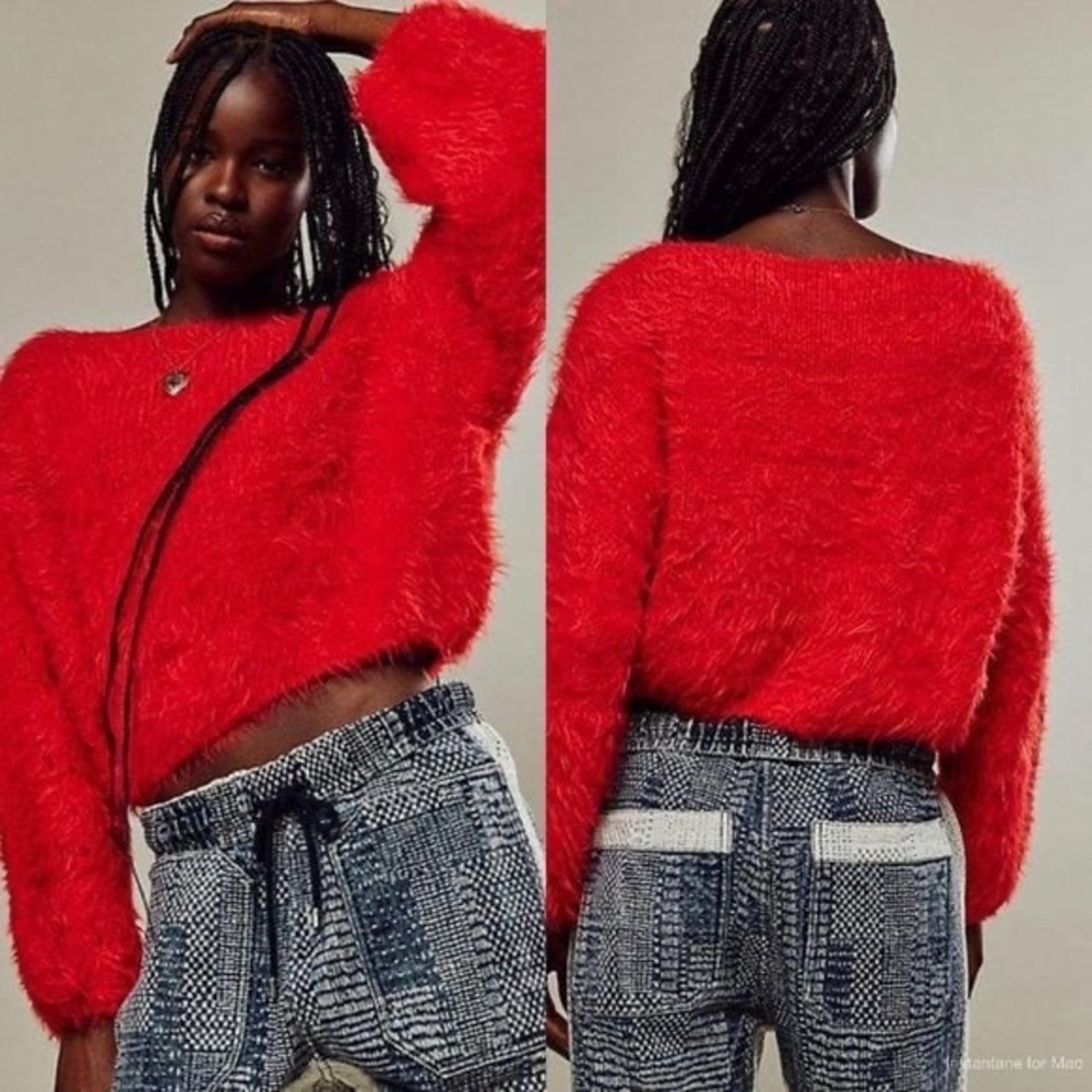 FREE PEOPLE Women’s Flurry Sweater Cropped Slouchy Relaxed Long Sleeve Red Sz L